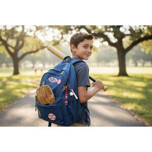 Baseball-Themed Keychain With Beaded Charm Mini Bat & Ball Gold Star Red Accents